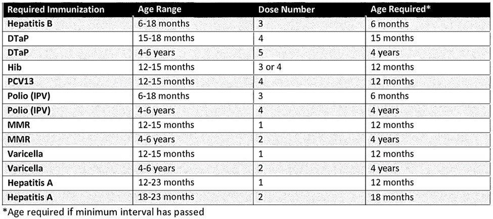 immunization chart child care requirements